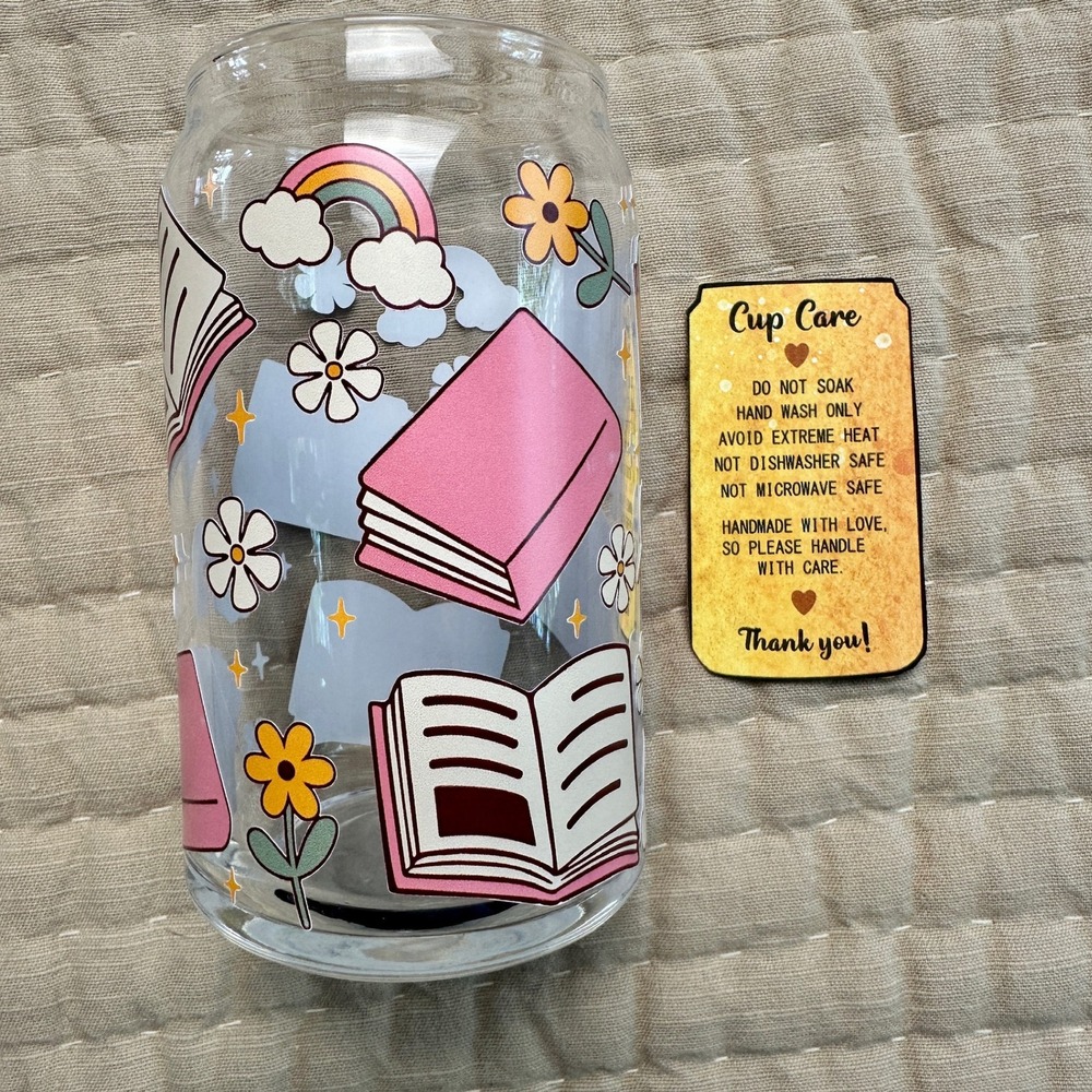 Handmade Bookworm Glass Beer Can Cup Rainbow Book Floral Iced Coffee Tumbler